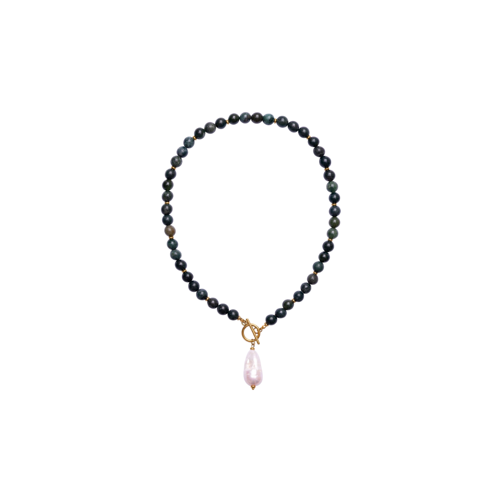 Moss Agate & Baroque Pearl Necklace