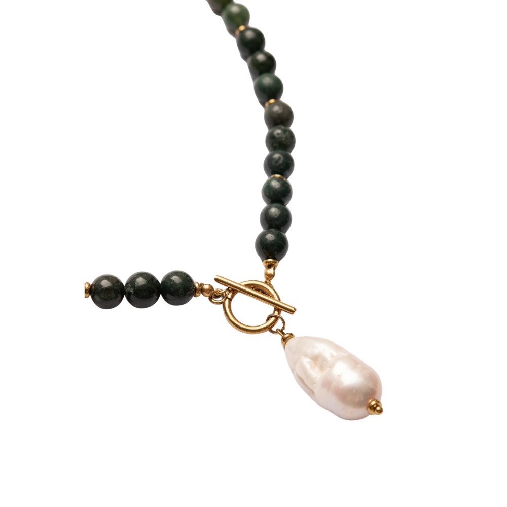 Moss Agate & Baroque Pearl Necklace