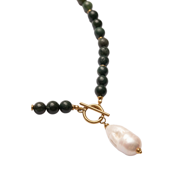 Moss Agate & Baroque Pearl Necklace